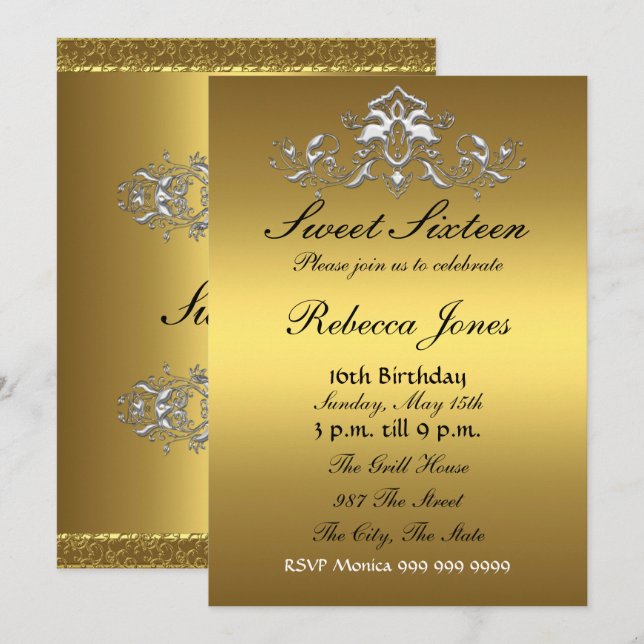 Sweet sixteen 16 Gold Invitation (Devant / Derrière)
