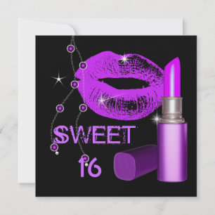 Sweet Sixteen 16 Lila Heiß Rosa Lippen Lippenstift Einladung