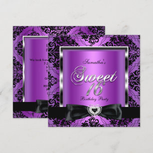 Sweet Sixteen 16 Party Purpur Damast Silber Schwar Einladung