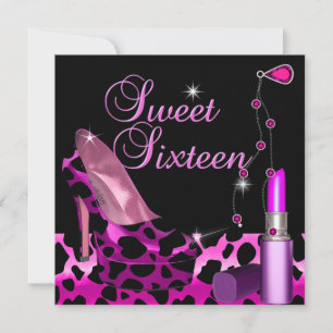 Sweet Sixteen 16 Rosa Leoparden Schuh Lippenstift Einladung