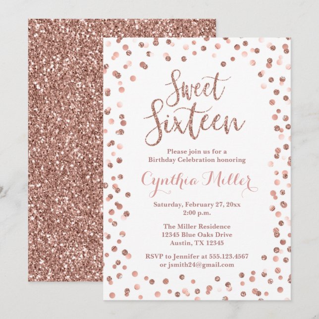 Sweet sixteen Anniversaire Invitation Rose Or (Devant / Derrière)