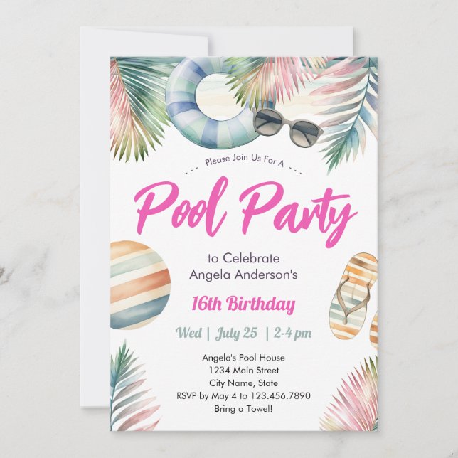 Sweet Sixteen Birthday Pool Party Invitation (Devant)
