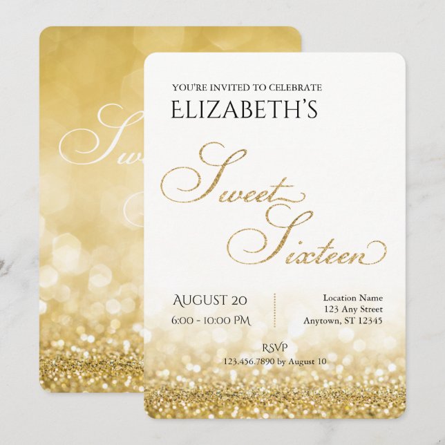 Sweet sixteen blanc et or Invitation d'anniversair (Devant / Derrière)