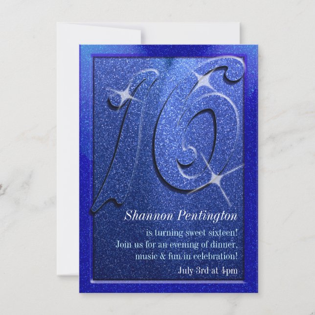 Sweet sixteen bleu Invitations de fête d'anniversa (Devant)
