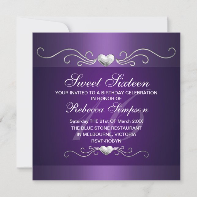Sweet sixteen de coeur pourpre Invitation d'annive (Devant)