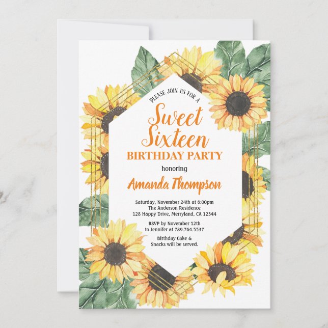 Sweet sixteen de tournesol Invitation fête d'anniv (Devant)