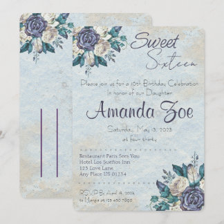 Sweet sixteen Dusty Blue Floral invitation