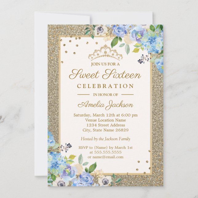 Sweet sixteen floral bleu or  Invitation (Devant)