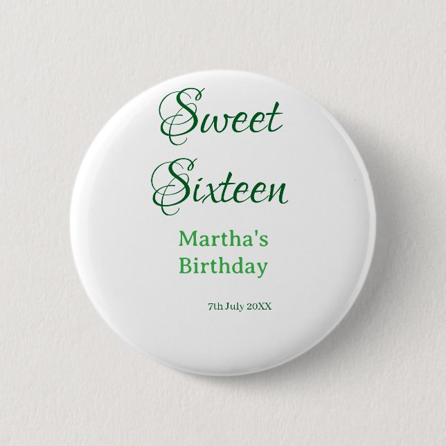 Sweet Sixteen green name date calligraphy boho ret Button (Vorderseite)