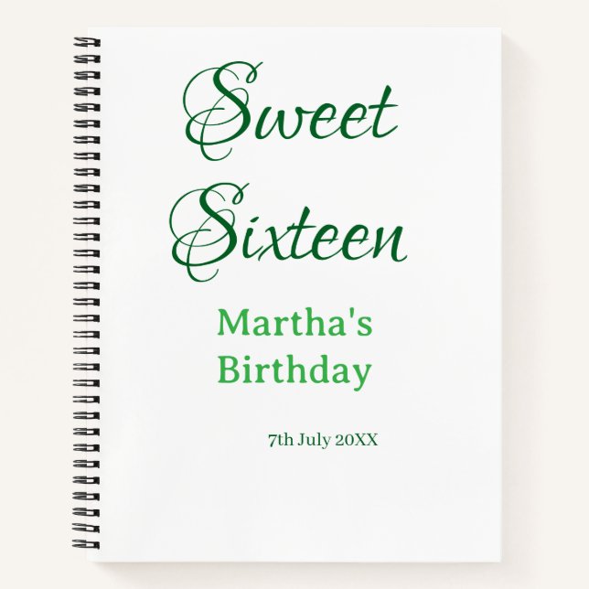 Sweet Sixteen green name date calligraphy boho ret Notizbuch (Vorderseite)