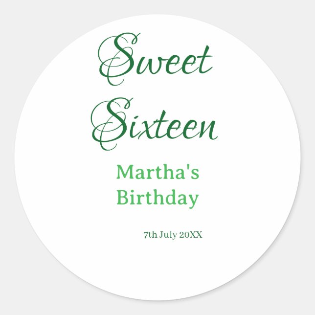 Sweet Sixteen green name date calligraphy boho ret Runder Aufkleber (Vorderseite)