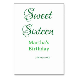 Sweet Sixteen green name date calligraphy boho ret Tischnummer