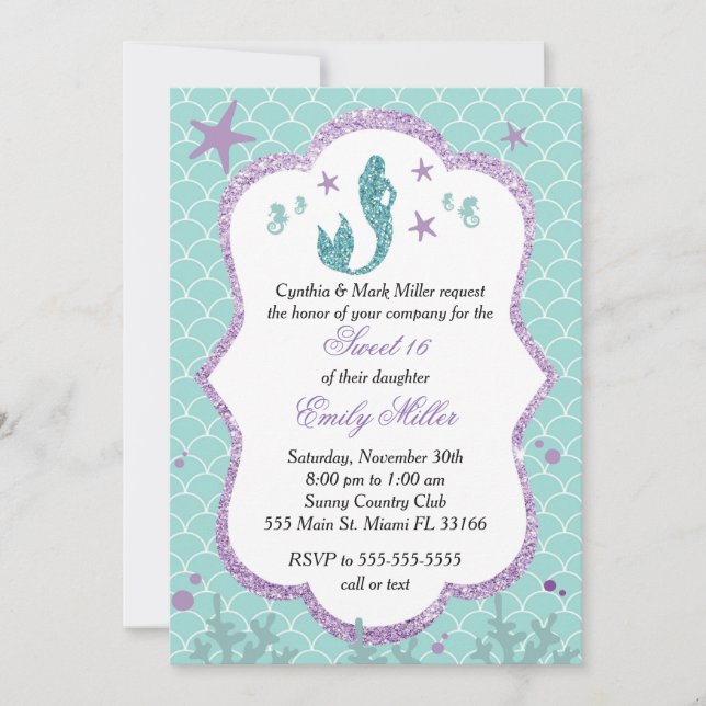 Sweet sixteen Invitation Sirène Purple Turquoise (Devant)