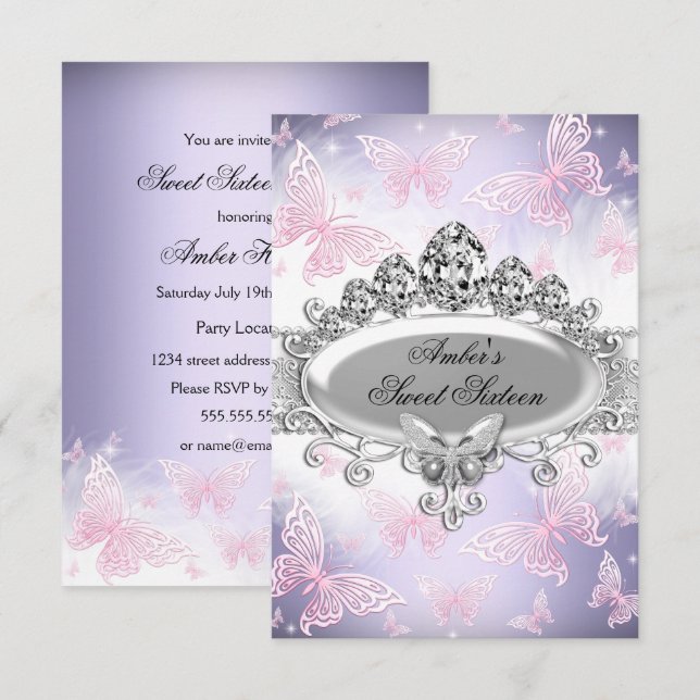 Sweet sixteen papillon rose et violet Invitation (Devant / Derrière)