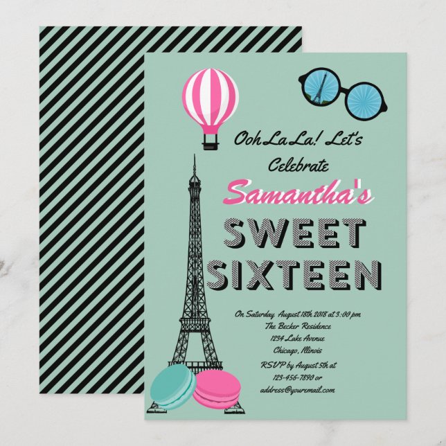Sweet sixteen Paris Bonne Invitation Anniversaire (Devant / Derrière)