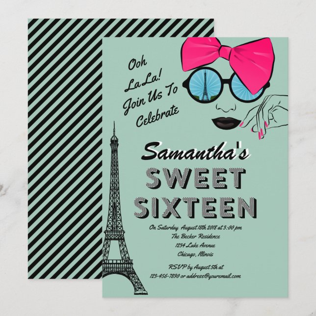 Sweet sixteen Paris Thème Anniversaire Carte d'inv (Devant / Derrière)