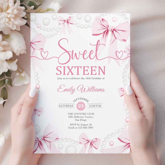 Sweet Sixteen Pink Bows Pearls Coquette Einladung (Von Creator hochgeladen)