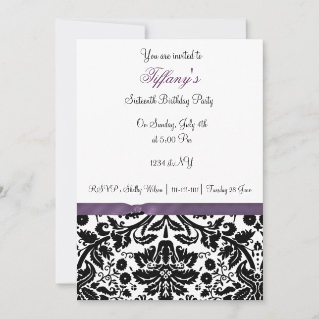 sweet sixteen pourpre damassé Invitation (Devant)