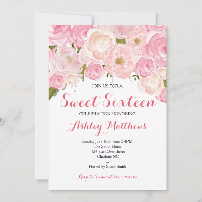 Sweet sixteen rose Floral Invitation d'anniversair (Devant)