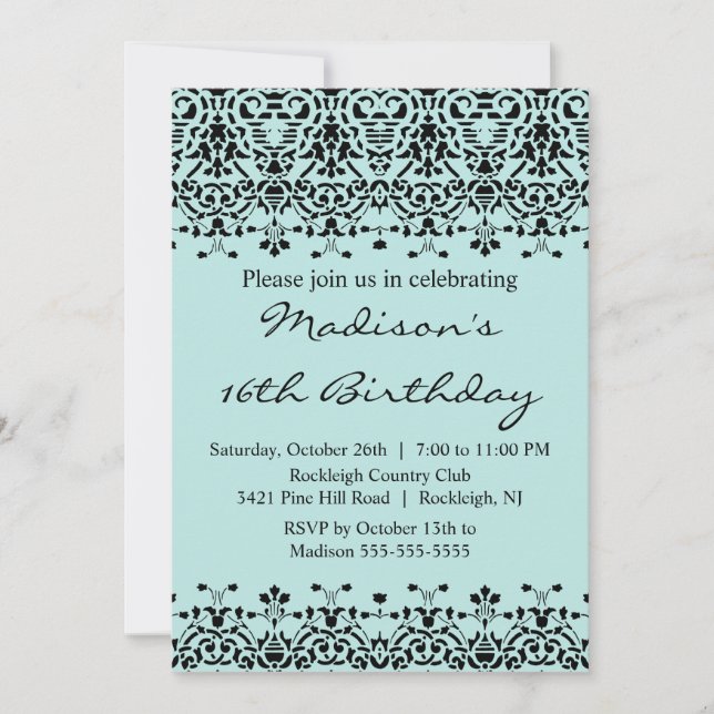 Sweet sixteen Sky Blue Damask Invitation d'anniver (Devant)