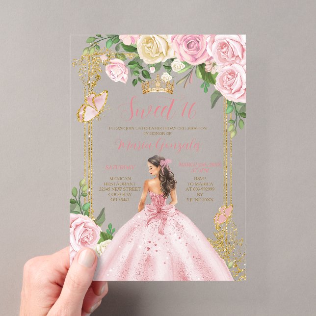 Sweet Sixteen Soft Blush Pink Crown Gold Birthday Acryleinladungen (Insitu (Handheld))