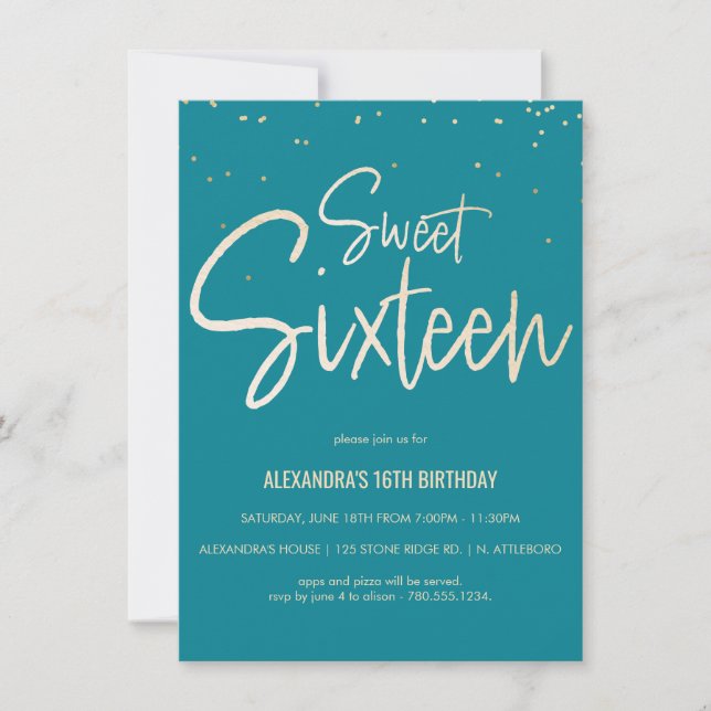 Sweet sixteen Turquoise & Gold Party Invitation (Devant)