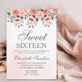 Sweet Sixteen with Watercolor Pink Flowers Einladung