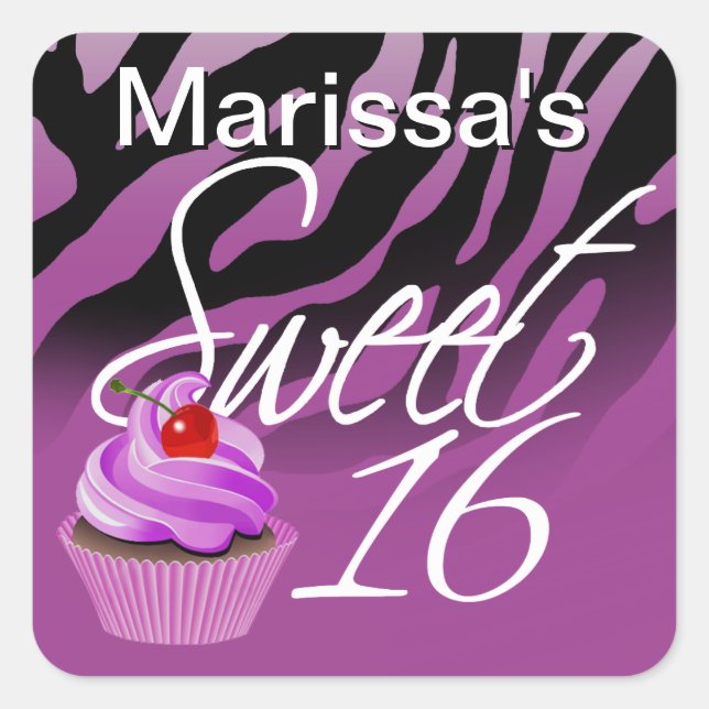 Sweet Sixteen Zebra Cupcake Party Quadratischer Aufkleber (Vorderseite)