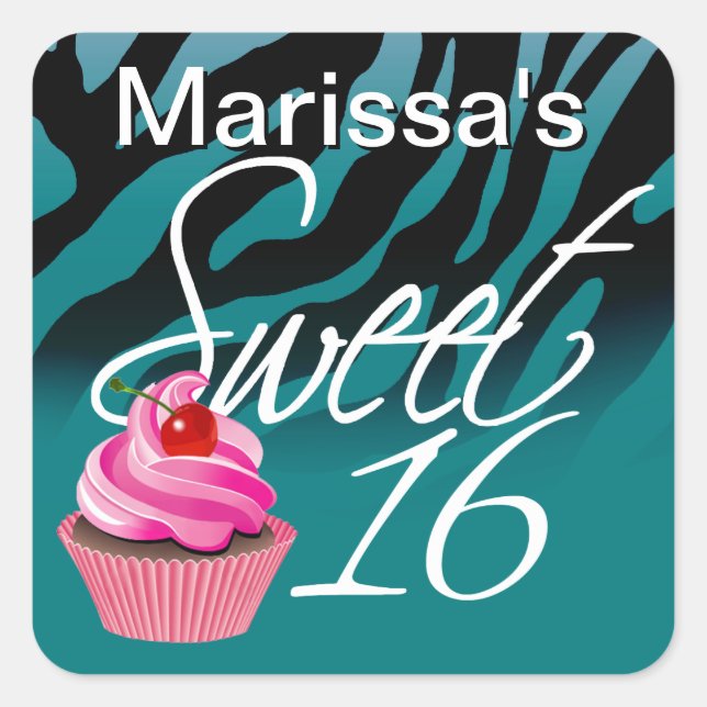 Sweet Sixteen Zebra Cupcake Party Quadratischer Aufkleber (Vorderseite)