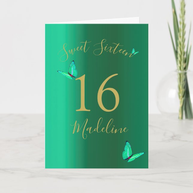 Sweet SixteenEmerald Green Butterflies Geburtstag Karte (Vorderseite)