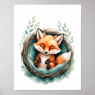 Sweet Sleeping Fox Nestled Aquarell Illustration Poster