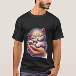 Sweet Sleeping Kitten in Hands Peaceful Tiny Cat  T-Shirt