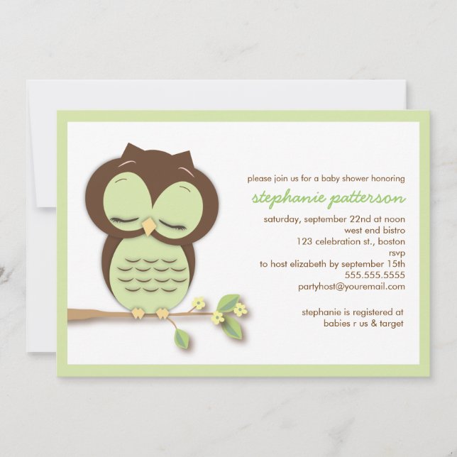 Sweet Sleepy Green Owl Neutral Baby Dusche Einladung (Vorderseite)