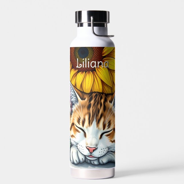 Sweet Sleepy Kitty Cat and Sunflowers Personalized Trinkflasche (Links)