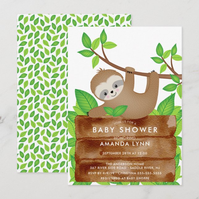 Sweet Sloth Baby shower Invitation (Devant / Derrière)