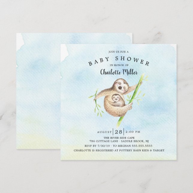Sweet Sloth Boys Baby Dusche Einladung (Vorne/Hinten)