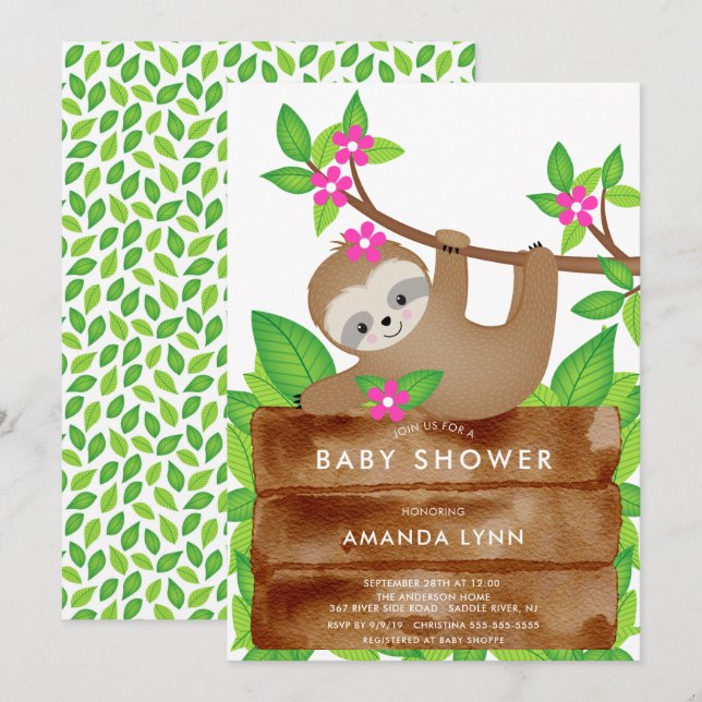 Sweet Sloth Girls Babydusche Einladung (Vorne/Hinten)