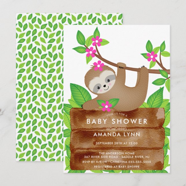Sweet Sloth Girls Babydusche Einladung (Vorne/Hinten)