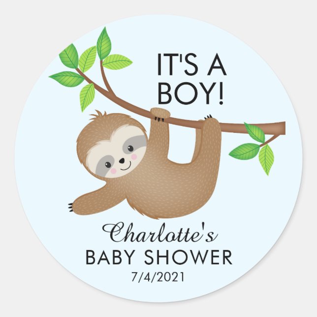 Sweet Sloth It's a Boy Baby Shower Favor Sticker (Vorderseite)