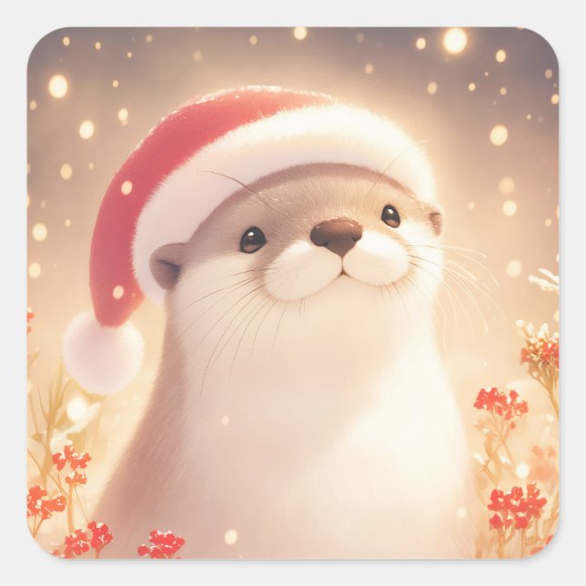 Sweet Smiling Otter in Santa Hat with Red Berries Quadratischer Aufkleber (Vorderseite)