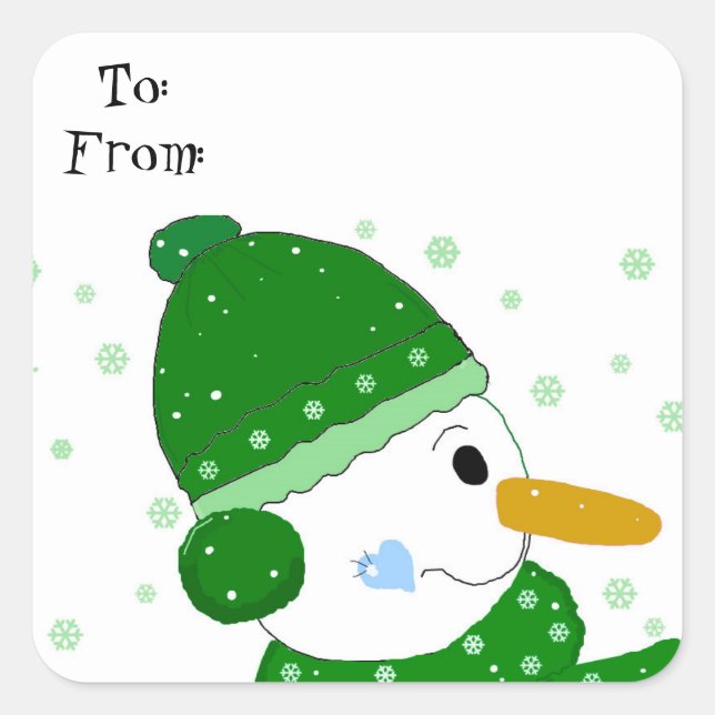 Sweet Snowman in einem grünen Hut und Scarf Quadratischer Aufkleber (Vorderseite)