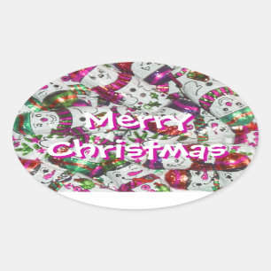 Sweet Snowmen Pink Frohe Weihnachtsaufkleber oval Ovaler Aufkleber