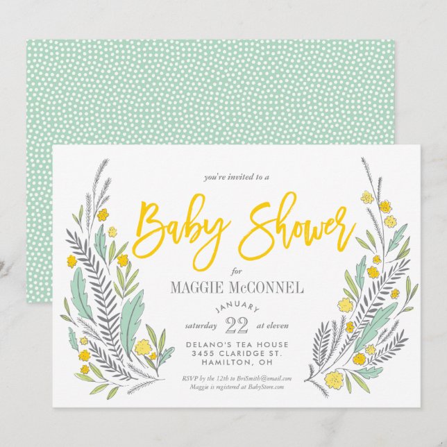 Sweet Sprigs Gender Neutral Baby Dusche Einladung (Vorne/Hinten)