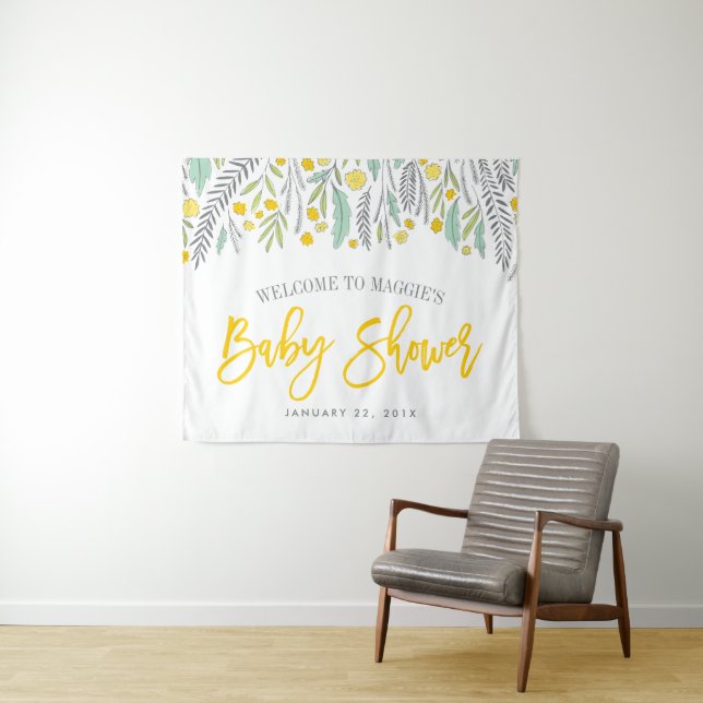 Sweet Sprigs Neutral Baby Shower Sign Tapestes Wandteppich (Beispiel (Horizontal))
