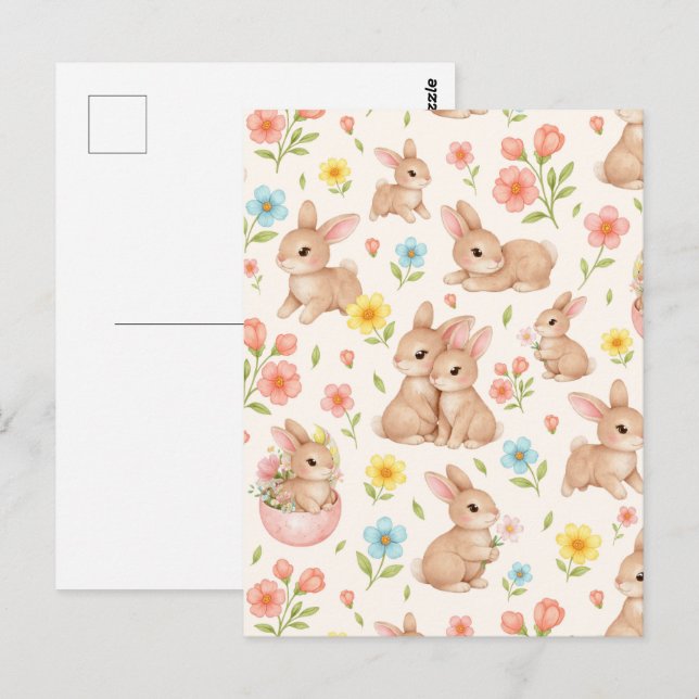 Sweet Spring Bunnies & Floral Garden Pattern Postkarte (Vorne/Hinten)