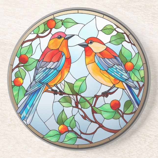 Sweet Stached Glass Bluebirds Getränkeuntersetzer (Vorne)