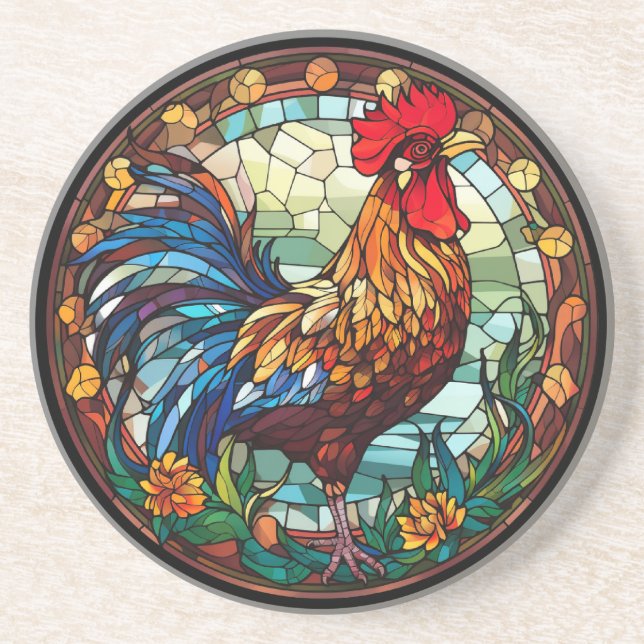 Sweet Stached Glass Chickens Rooster Getränkeuntersetzer (Vorne)