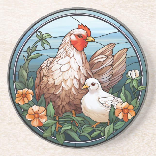 Sweet Stached Glass Hen and Chick Getränkeuntersetzer (Vorne)
