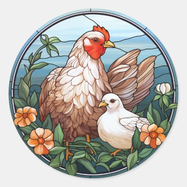 Sweet Stached Glass Hen and Chick Runder Aufkleber (Vorderseite)