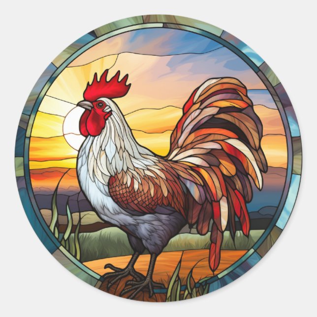 Sweet Stated Glass Chickens Rooster und Sunrise Runder Aufkleber (Vorderseite)